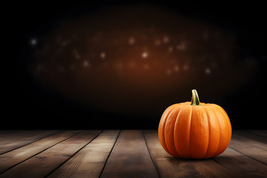 Halloween orange pumpkin on a wooden floor with blurred lights and bokeh behind it, dark background with copy space. Autumn, fall Halloween and thanksgiving concept.