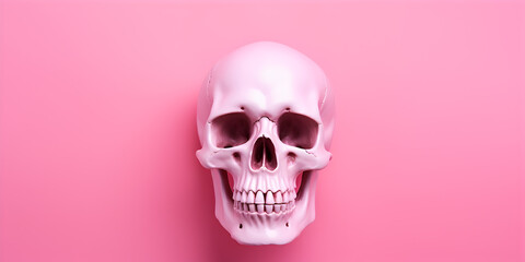 Pink pearl glamour skull on pink background with copy space for your text, skeleton as Halloween concept, front view