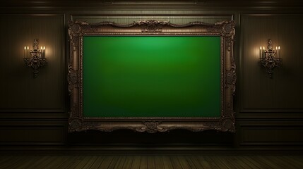Wooden victorian picture frame with green screen and wallpaper for mockup