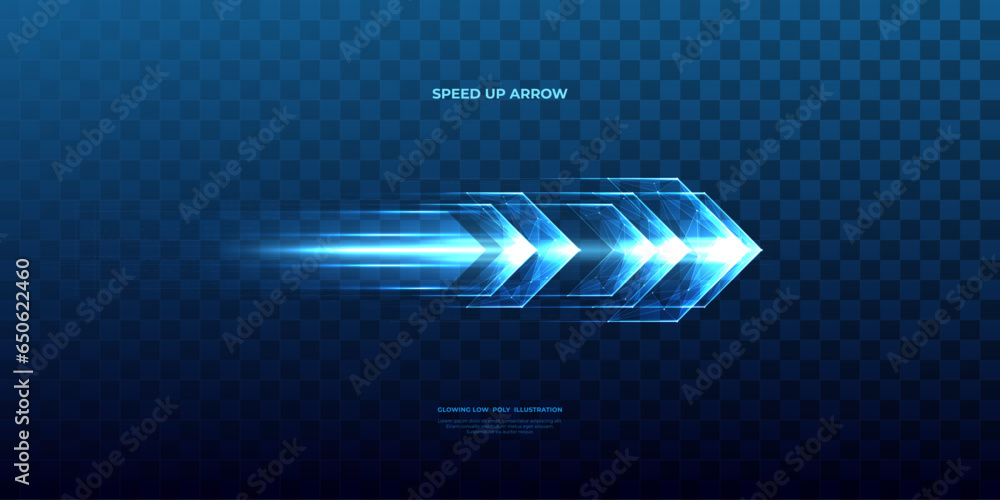 Poster Abstract speed movement of arrows. Energy arrow with speed light effect. Isolated glowing web sign on dark blue technology background. Low poly wireframe vector illustration in futuristic style.