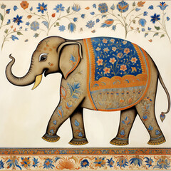 pattern Mughal peacock elephant painting on white background with AI generative