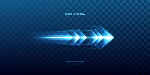 Abstract speed movement of arrows. Energy arrow with speed light effect. Isolated glowing web sign on dark blue technology background. Low poly wireframe vector illustration in futuristic style.