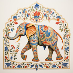 pattern Mughal peacock elephant painting on white background with AI generative