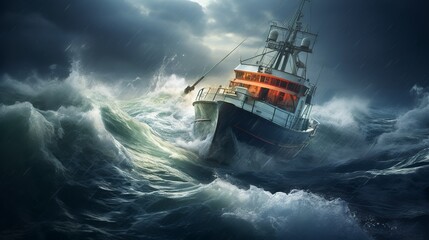 Sinking boat caught in a storm out at sea with heavy rain and wind dark oceanic scenery - obrazy, fototapety, plakaty