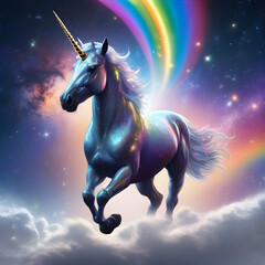 A unicorn with wings and a horn, flying over the Milky Way. AI-Generated.