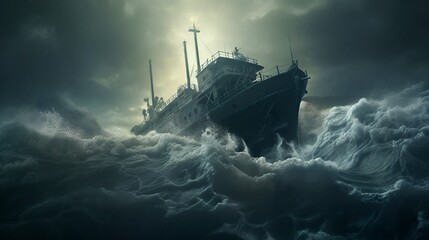 Ocean cruiser lost at sea in the stormy weather with dark lights and huge waves - obrazy, fototapety, plakaty