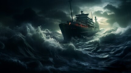 Ocean cruiser on the stormy sea fighting the waves - obrazy, fototapety, plakaty
