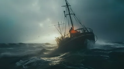 Fotobehang Sinking boat caught in a storm out at sea with heavy rain and wind dark oceanic scenery © Nordiah