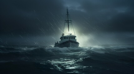Obraz premium Fishing boat lost at sea in the stormy weather with dark lights and huge waves
