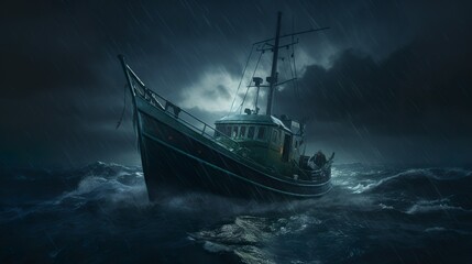Fishing boat lost at sea in the stormy weather with dark lights and huge waves - obrazy, fototapety, plakaty
