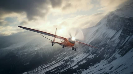 Poster Free gliding plane above the skies in extreme sport cinematic shot in the sunset © Nordiah