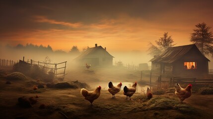 Livestock in the rural village landscape atmospheric and nostalgic farmland scenery - obrazy, fototapety, plakaty