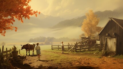 Livestock in the rural village landscape atmospheric and nostalgic farmland scenery - obrazy, fototapety, plakaty