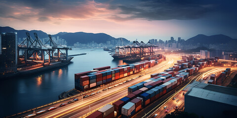 Shipping  Logistics Freight Forwarding Agency Freight Transport Cargo Business sunset background - obrazy, fototapety, plakaty