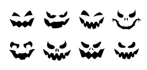 Halloween pumpkin scary faces. Set of Halloween scary faces silhouettes isolated on white. Jack-O-Lantern flat icons