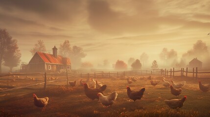 Rural landscape with lifestock and foggy, misty country roads  - obrazy, fototapety, plakaty