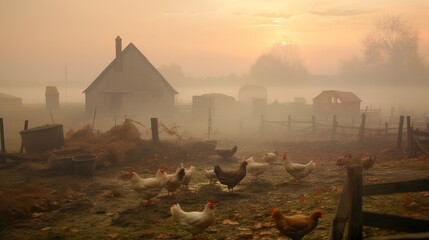 Rural landscape with livestock and chickens in the fields - obrazy, fototapety, plakaty