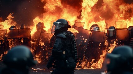 Riot police wearing armor and helmet fighting in flames against a revolt in a revolution