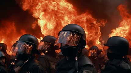 Riot policeman fighting in flames wearing a helmet in revolt situation close up scenery
