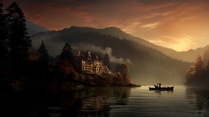 Victorian lakeside mansion in the mountains with fog and mist calm mountain landscape - obrazy, fototapety, plakaty