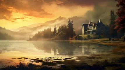 Poster Victorian lakeside mansion in the mountains with fog and mist calm mountain landscape © Nordiah