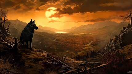 A huge dark black wolf and a girl looking at the sunset in a canyon mountain landscape