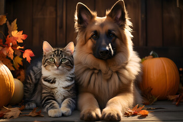 Cat and dog sitting on the floor decorated with pumpkins and autumn leaves. Orange, red autumn fall horizontal banner, halloween and thanksgiving concept. - obrazy, fototapety, plakaty