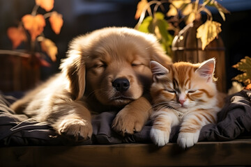 Puppy and kitty cat sleeping on the floor with blurred autumn leaves in background. Orange, red autumn fall banner, halloween and thanksgiving concept. - obrazy, fototapety, plakaty