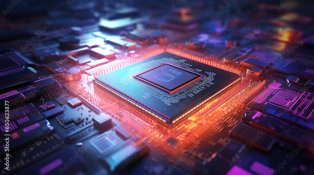 Poster central processor chip on circuit board, technology concept. generative ai