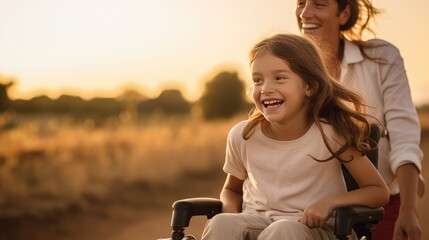 A beautiful little girl with a disability walks in a wheelchair with her mom at sunset. A child with disabilities - obrazy, fototapety, plakaty