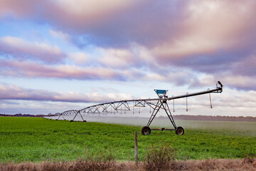 Center pivot irrigation on green pasture farm land