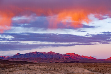 Sunset sky arid mojave desert landscape Nevada USA