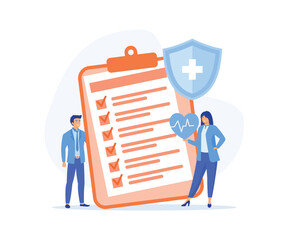 Health insurance concept. Big clipboard with document on it under shield protection, Healthcare, finance and medical service. flat vector modern illustration