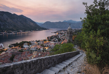 Fototapeta na wymiar View on a Kotor Bay and Church of Our Lady of Remedy in Montenegro