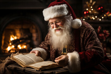 man in Santa Claus costume reads book at Christmas by the fireplace