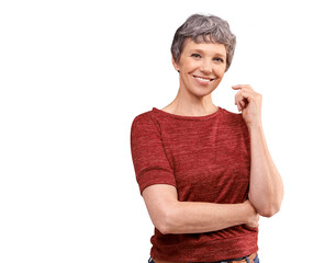 Happy, senior woman and arms crossed in casual style and confidence isolated on transparent png...