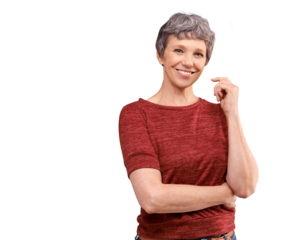 Happy, senior woman and arms crossed in casual style and confidence isolated on transparent png background. Portrait of mature person or model smile with pension or retirement mindset and happiness