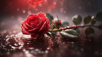 "Enchanting red rose in misty ambiance."
