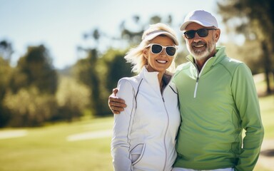 Portrait of a happy senior couple on golf course