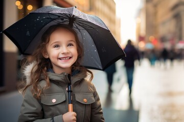 Little smiling girl holding a umbrella outdoors in spring - obrazy, fototapety, plakaty