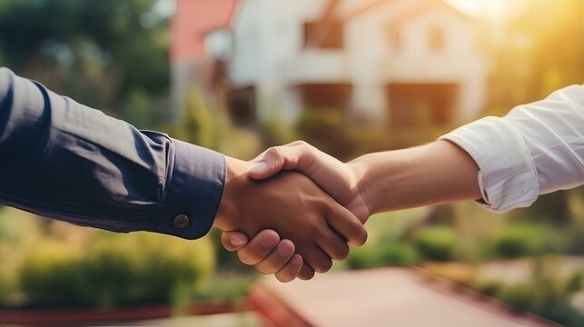 Close-up of a handshake between a realtor and a client against a backdrop of a new property. generative AI