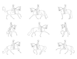 Equestrian sports, horse riders perform elements of dressage, a set for coloring book