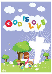 God is Love Typography - Jesus illustration playing with children in the garden