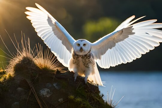 Cute fluffy white owl, beautiful Backlight, early september morning, wildlife photo, National Geographic, multidimensional layering, magical vibes