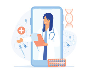 Online medical services, consultation and telemedicine, Smart phone screen with a female doctor. flat vector modern illustration