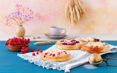 Baked fruit pies with fresh summer beries, currants, cherries, blackberries, blueberries and...