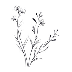 A hand-drawn floral branch featuring minimalist flowers, suitable for use in logos or tattoos. This elegant design incorporates delicate leaves and wedding herbs