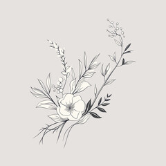 A hand-drawn floral branch featuring minimalist flowers, suitable for use in logos or tattoos. This elegant design incorporates delicate leaves and wedding herbs