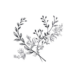 A hand-drawn floral branch featuring minimalist flowers, suitable for use in logos or tattoos. This elegant design incorporates delicate leaves and wedding herbs