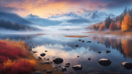 morning landscape with fog and high mountains in the background